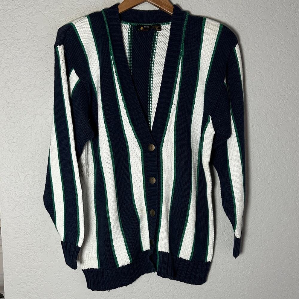 Vintage LizSport 90s Cardigan Sweater Navy Blue White Stripe Preppy Country Club